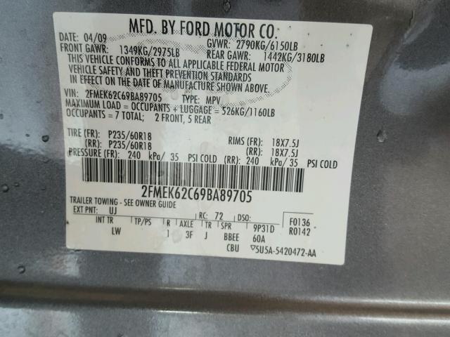 2FMEK62C69BA89705 - 2009 FORD FLEX SEL GRAY photo 10