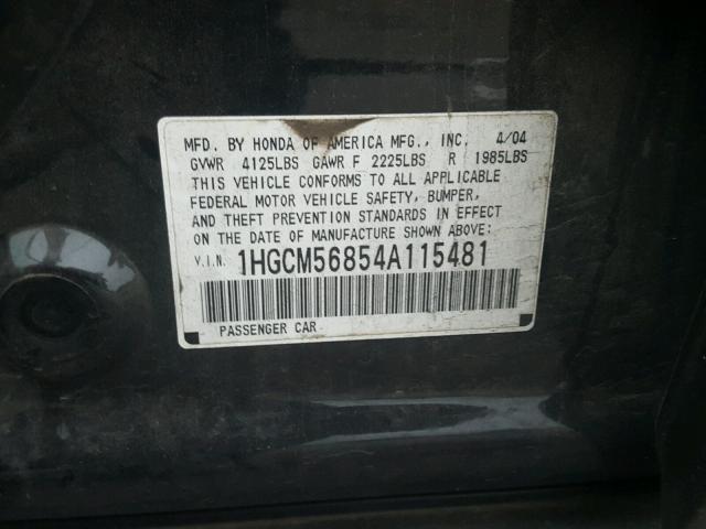 1HGCM56854A115481 - 2004 HONDA ACCORD EX BLACK photo 10