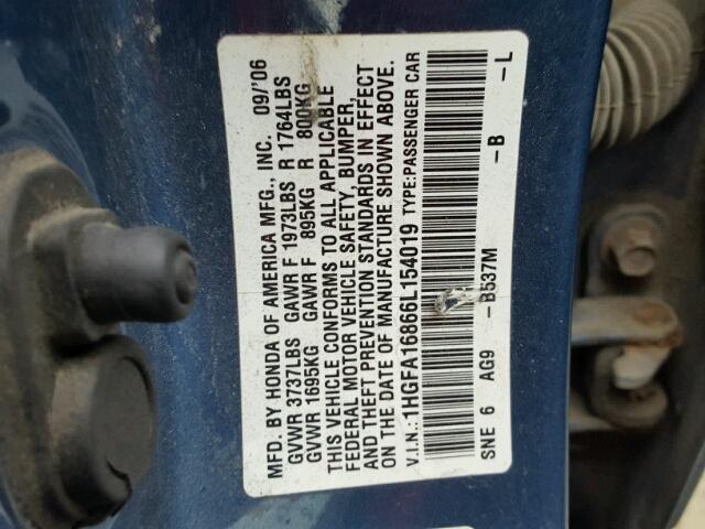 1HGFA16866L154019 - 2006 HONDA CIVIC EX BLUE photo 10