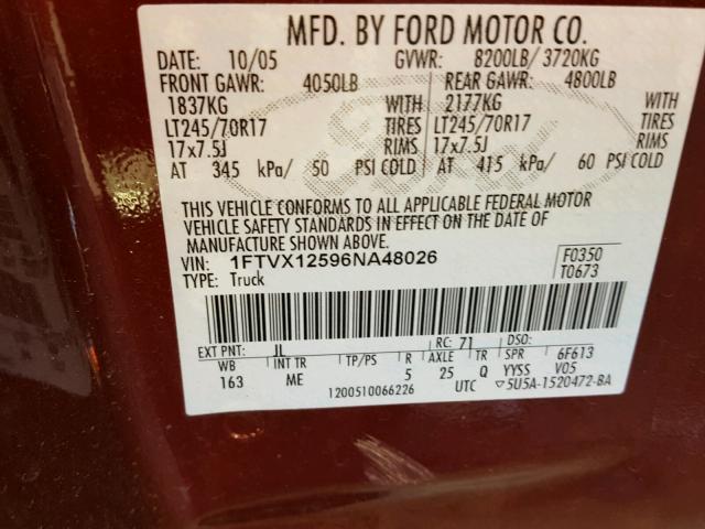 1FTVX12596NA48026 - 2006 FORD F150 BURGUNDY photo 10