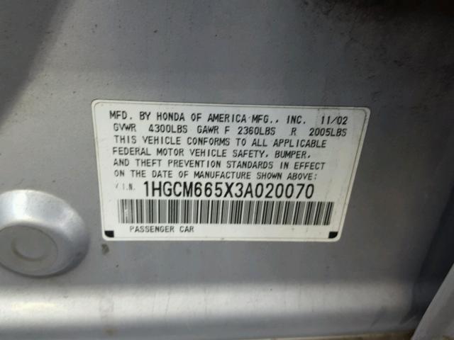 1HGCM665X3A020070 - 2003 HONDA ACCORD EX SILVER photo 10