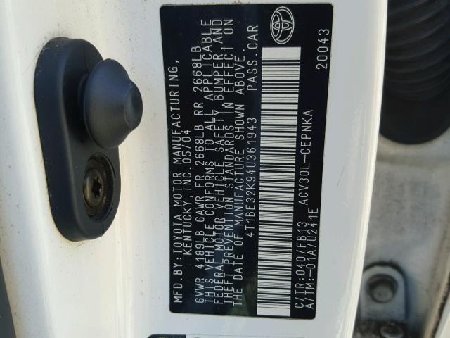 4T1BE32K94U361943 - 2004 TOYOTA CAMRY LE თეთრი ფოტო 10