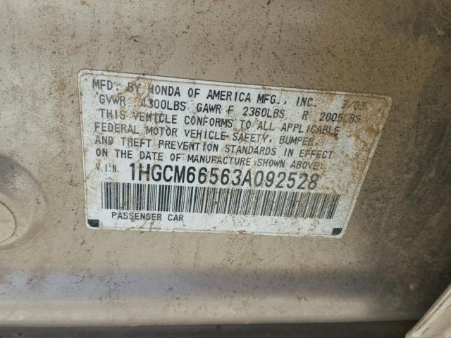 1HGCM66563A092528 - 2003 HONDA ACCORD EX GOLD photo 10