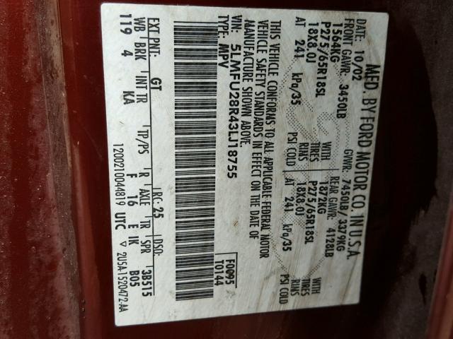 5LMFU28R43LJ18755 - 2003 LINCOLN NAVIGATOR BURGUNDY photo 10