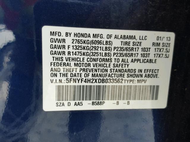 5FNYF4H2XDB033562 - 2013 HONDA PILOT LX BLUE photo 10