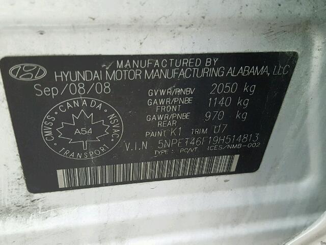 5NPET46F19H514813 - 2009 HYUNDAI SONATA GLS SILVER photo 10