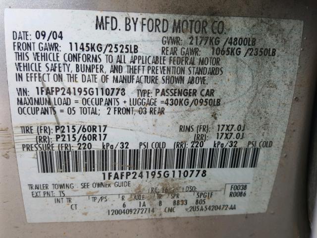 1FAFP24195G110778 - 2005 FORD FIVE HUNDR SILVER photo 10
