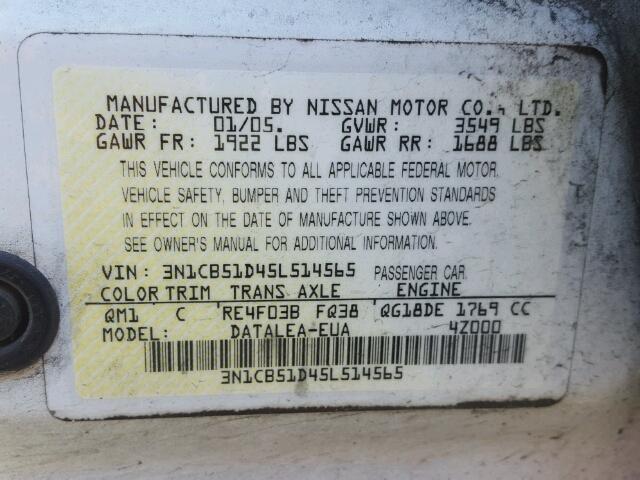 3N1CB51D45L514565 - 2005 NISSAN SENTRA 1.8 WHITE photo 10