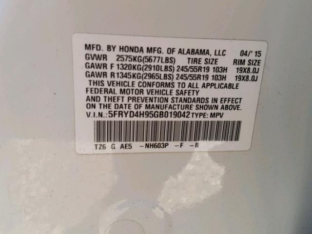 5FRYD4H95GB019042 - 2016 ACURA MDX ADVANC WHITE photo 10