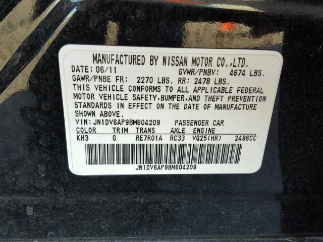 JN1DV6AP9BM604209 - 2011 INFINITI G25 BASE BLACK photo 10