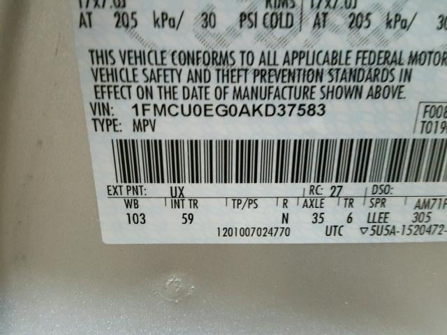 1FMCU0EG0AKD37583 - 2010 FORD ESCAPE SILVER photo 10