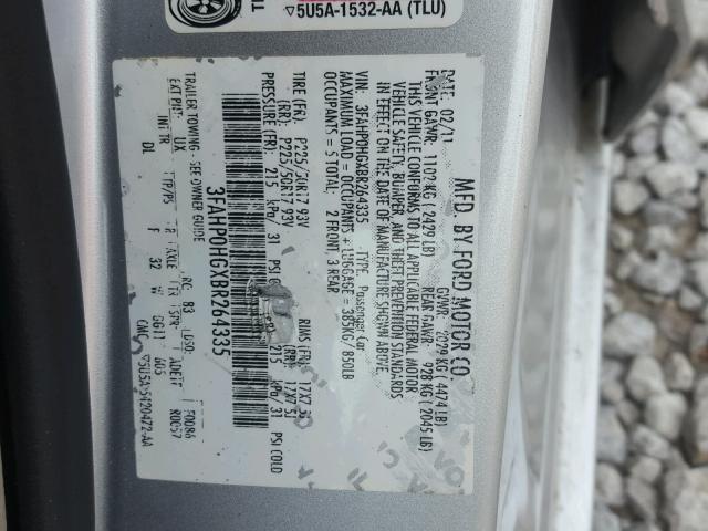 3FAHP0HGXBR264335 - 2011 FORD FUSION SE SILVER photo 10