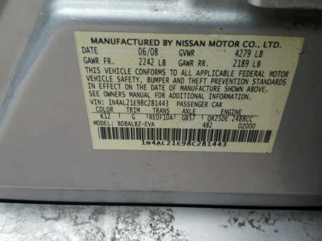 1N4AL21E98C281443 - 2008 NISSAN ALTIMA WHITE photo 10