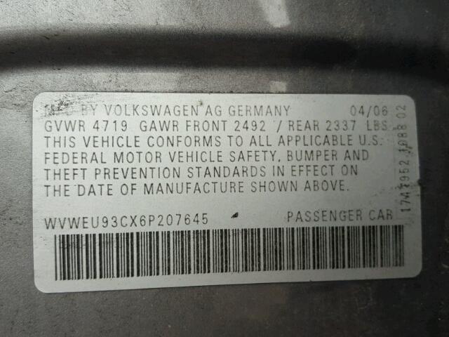 WVWEU93CX6P207645 - 2006 VOLKSWAGEN PASSAT 3.6 GRAY photo 10