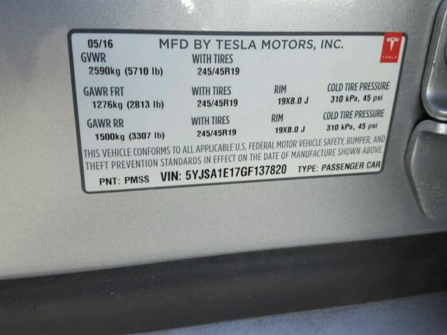 5YJSA1E17GF137820 - 2016 TESLA MODEL S SILVER photo 10