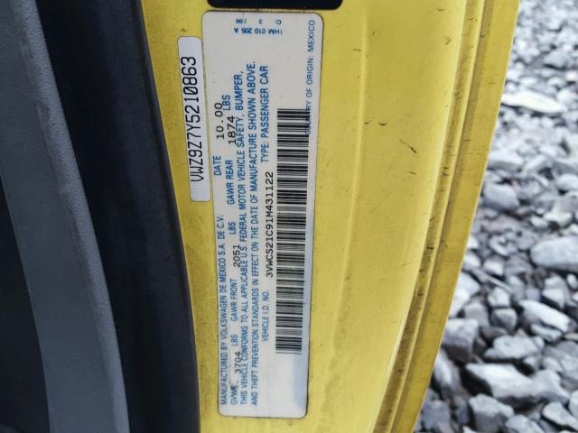 3VWCS21C91M431122 - 2001 VOLKSWAGEN NEW BEETLE YELLOW photo 10