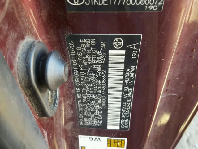 JTKDE177760088672 - 2006 TOYOTA SCION TC BURGUNDY photo 10