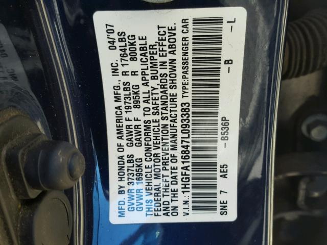 1HGFA16847L093383 - 2007 HONDA CIVIC EX 蓝色 照片 10