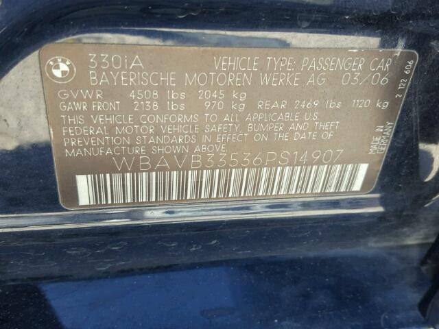WBAVB33536PS14907 - 2006 BMW 330 I BLUE photo 10