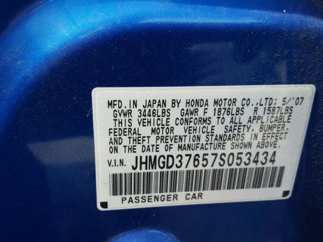 JHMGD37657S053434 - 2007 HONDA FIT S 蓝色 照片 10