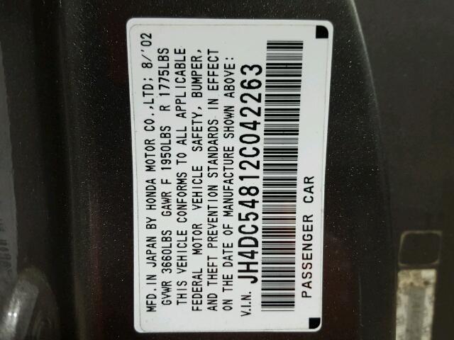 JH4DC54812C042263 - 2002 ACURA RSX GRAY photo 10