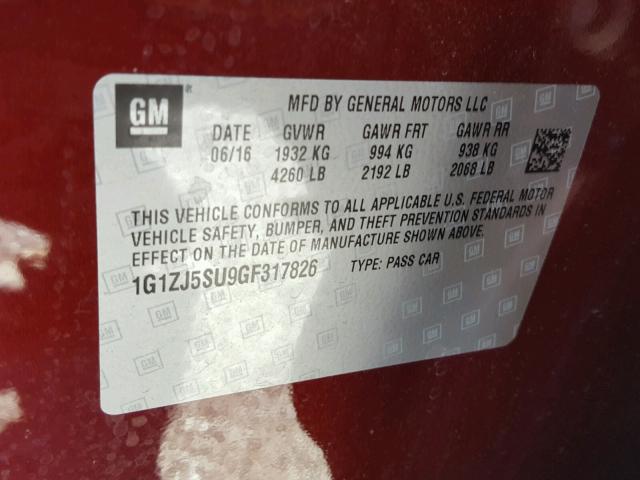 1G1ZJ5SU9GF317826 - 2016 CHEVROLET MALIBU HYB 红色 照片 10