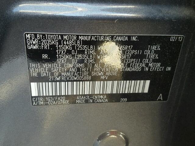 2T3WFREV3DW005888 - 2013 TOYOTA RAV4 XLE GRAY photo 10