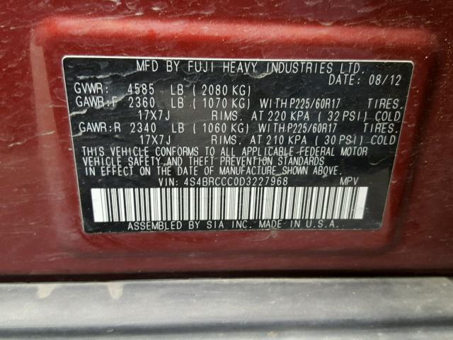 4S4BRCCC0D3227968 - 2013 SUBARU OUTBACK 2. RED photo 10