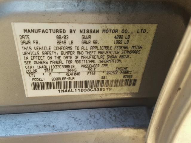 1N4AL11D33C338519 - 2003 NISSAN ALTIMA BAS SILVER photo 10