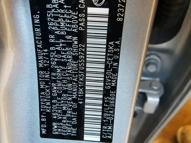 4T1BK1FK5FU559722 - 2015 TOYOTA CAMRY XSE SILVER photo 10