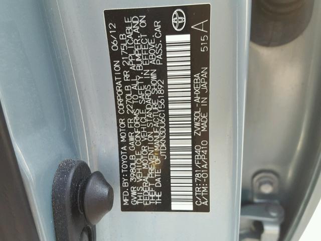 JTDKN3DU6C1561892 - 2012 TOYOTA PRIUS TEAL photo 10