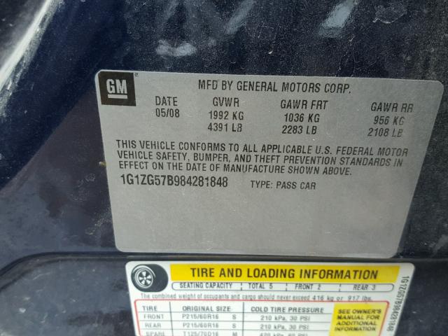 1G1ZG57B984281848 - 2008 CHEVROLET MALIBU LS 蓝色 照片 10