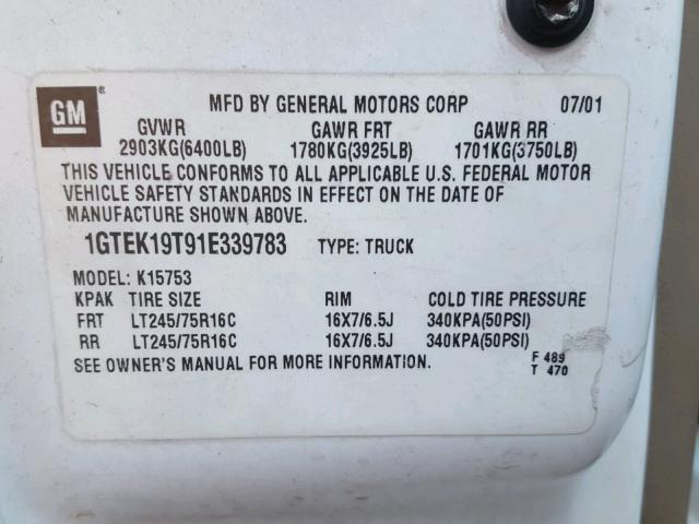 1GTEK19T91E339783 - 2001 GMC NEW SIERRA WHITE photo 10