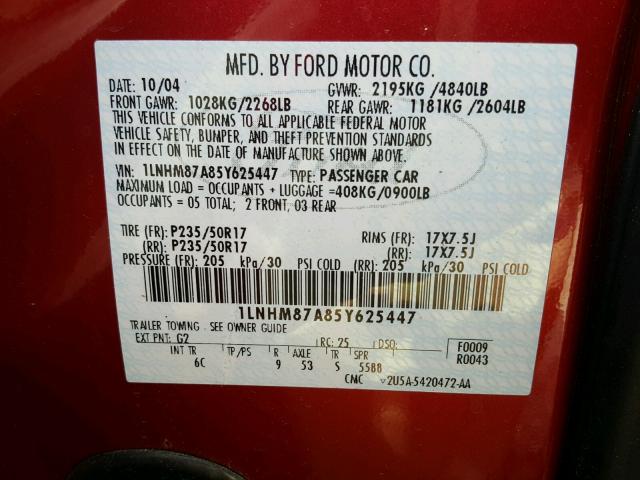 1LNHM87A85Y625447 - 2005 LINCOLN LS 红色 照片 10