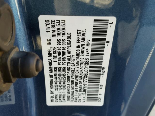 5J6YH177X6L001386 - 2006 HONDA ELEMENT EX BLUE photo 10