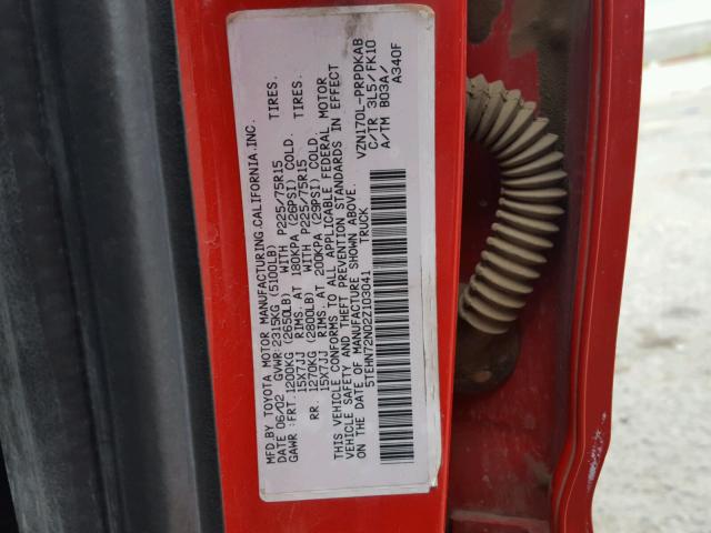 5TEHN72N02Z103041 - 2002 TOYOTA TACOMA DOU RED photo 10