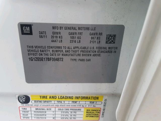 1G1ZE5E17BF394872 - 2011 CHEVROLET MALIBU LTZ 白色 照片 10