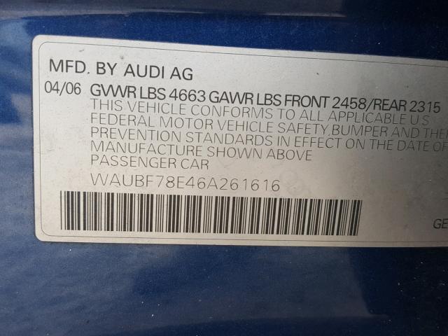 WAUBF78E46A261616 - 2006 AUDI A4 S-LINE BLUE photo 10