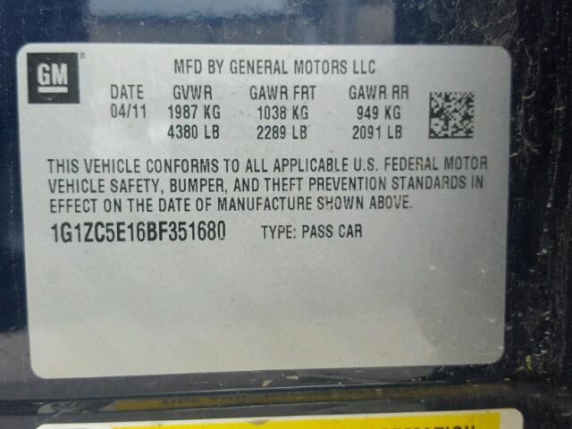 1G1ZC5E16BF351680 - 2011 CHEVROLET MALIBU 1LT ლურჯი ფოტო 10