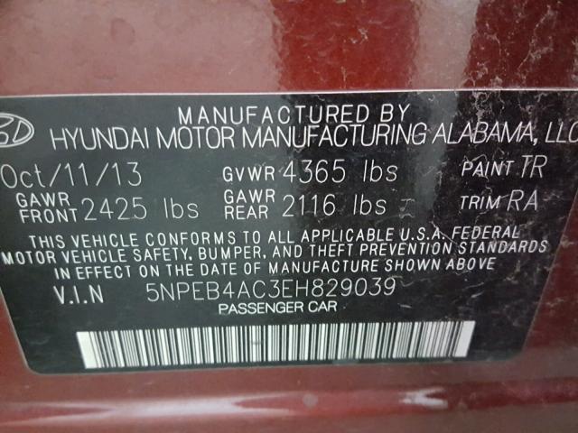 5NPEB4AC3EH829039 - 2014 HYUNDAI SONATA RED photo 10