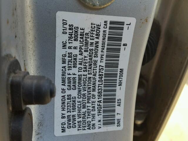 1HGFA16837L048757 - 2007 HONDA CIVIC EX SILVER photo 10
