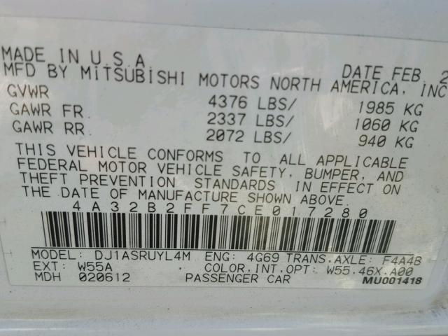 4A32B2FF7CE017280 - 2012 MITSUBISHI GALANT FE WHITE photo 10