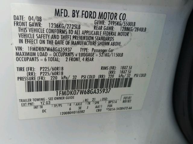 1FMDK07W68GA35937 - 2008 FORD TAURUS X E WHITE photo 10