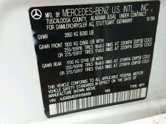 4JGAB54E8YA158489 - 2000 MERCEDES-BENZ ML WHITE photo 10