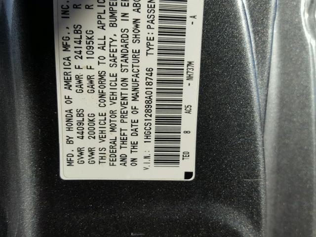 1HGCS12898A018746 - 2008 HONDA ACCORD EXL GRAY photo 10