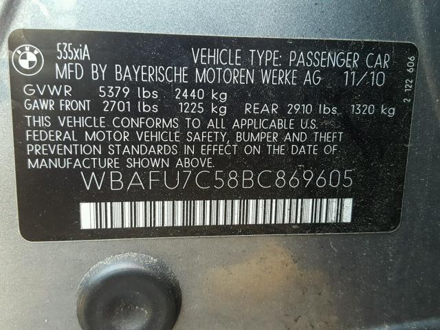 WBAFU7C58BC869605 - 2011 BMW 535 XI Gris foto 10