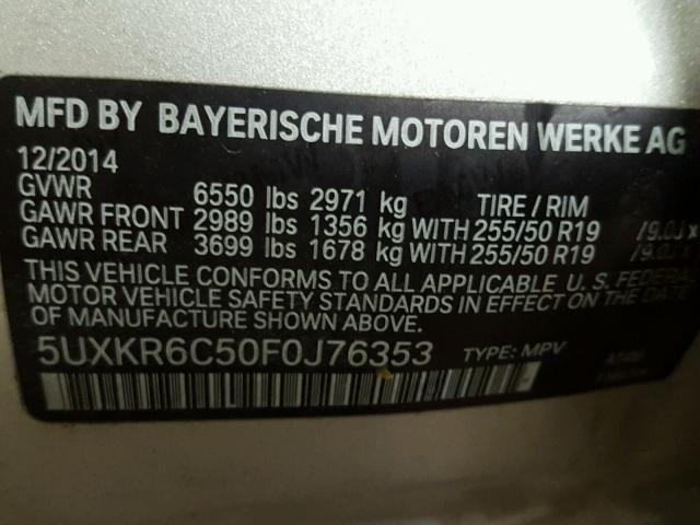 5UXKR6C50F0J76353 - 2015 BMW X5 XDRIVE5 SILVER photo 10