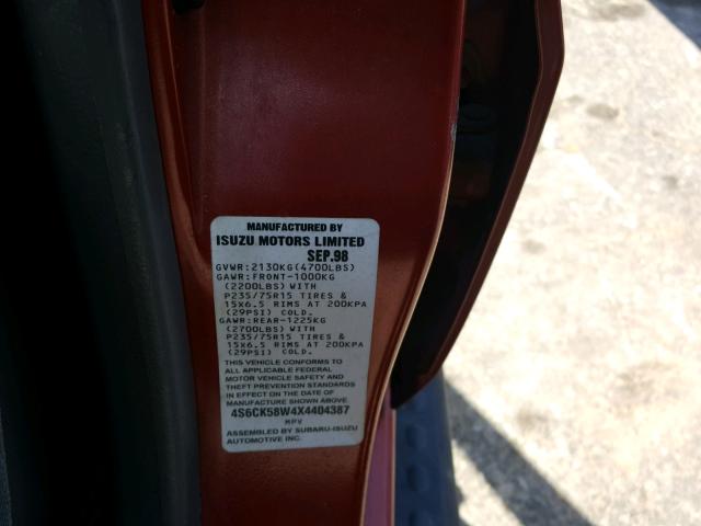 4S6CK58W4X4404387 - 1999 HONDA PASSPORT E 红色 照片 10