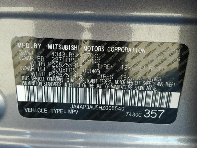 JA4AP3AU5HZ005540 - 2017 MITSUBISHI OUTLANDER SILVER photo 10