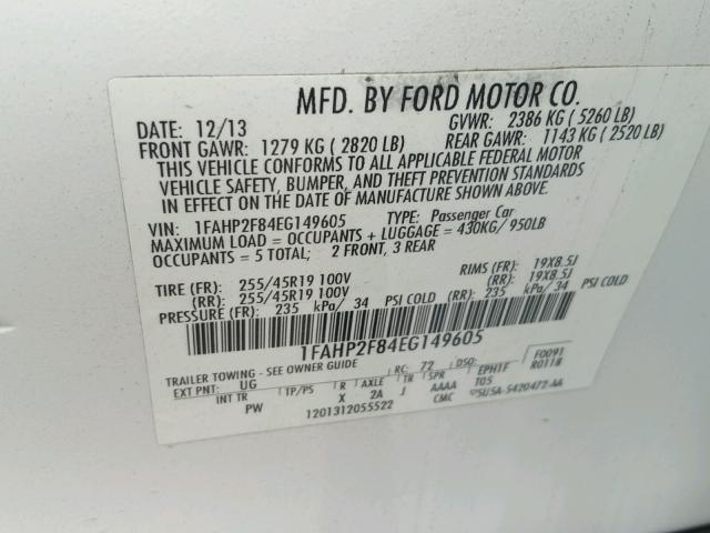 1FAHP2F84EG149605 - 2014 FORD TAURUS LIM WHITE photo 10